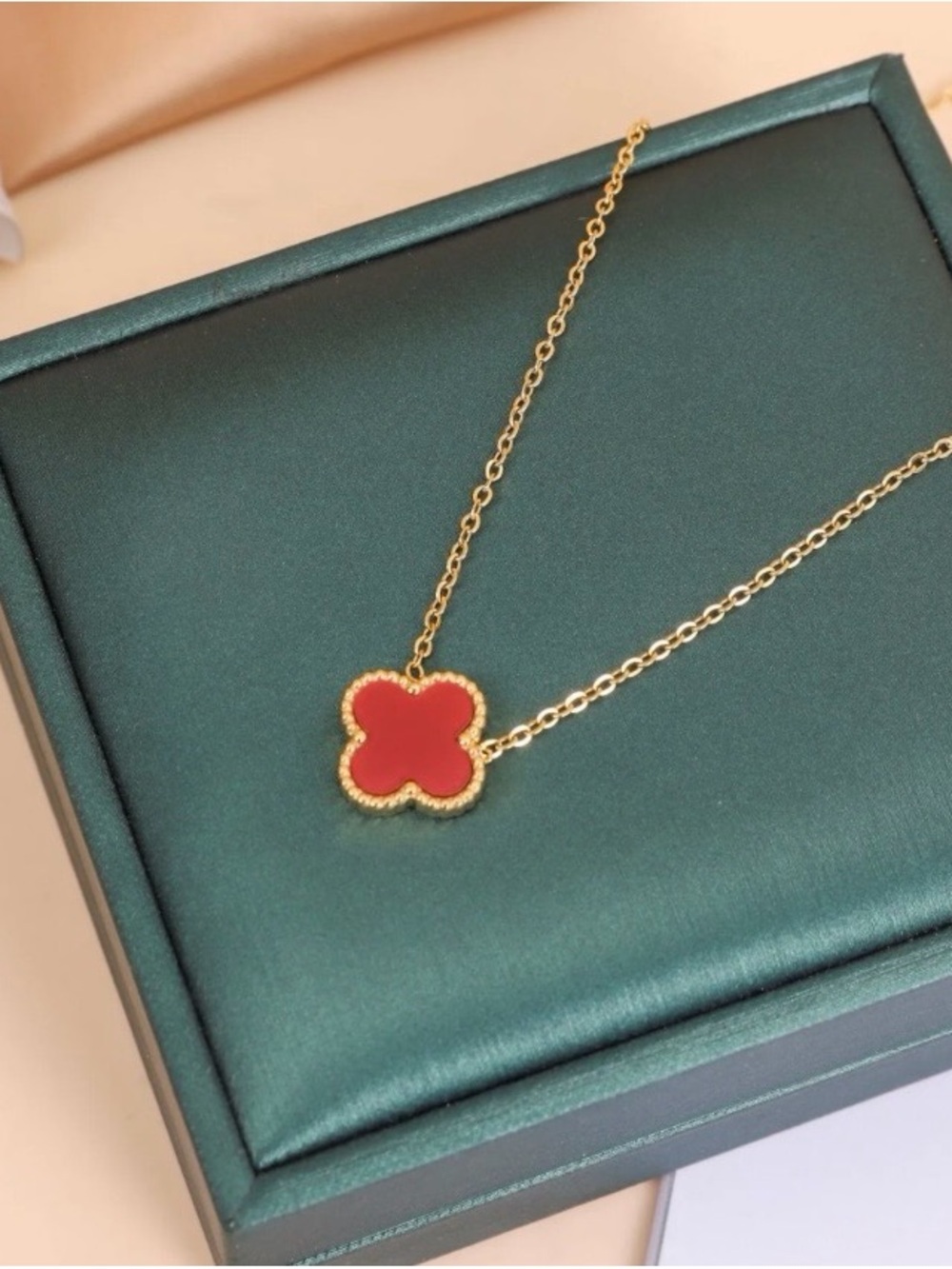 Gold Tone Chain Necklace with Red Clover Pendant